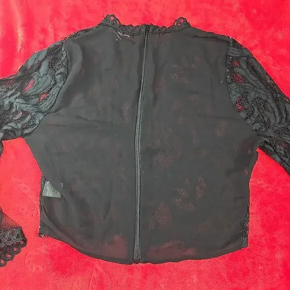 Peach Black Sheer Lace Blouse Floral Scalloped Trim Whimsigoth Coquette Size M - Picture 13 of 16